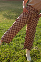 Khaki Checkered Elastic High Waist Loose Casual Pants Pants & Culotte JT's Designer Fashion