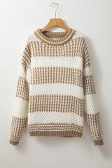 Brown Stripe Drop Shoulder Round Neck Loose Sweater Sweaters JT's Designer Fashion