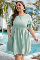 Grass Green Ruffle Trim Short Sleeve Plus Size Flared Mini Dress Grass Green 100%Polyester Plus Size Mini Dresses JT's Designer Fashion