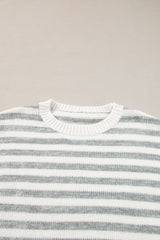 Gray Stripe Drop Shoulder Crew Neck Sweater Sweaters JT's Designer Fashion