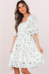 Beige Floral Print Square Neck Shirred Back Puff Sleeve Mini Dress Floral Dresses JT's Designer Fashion