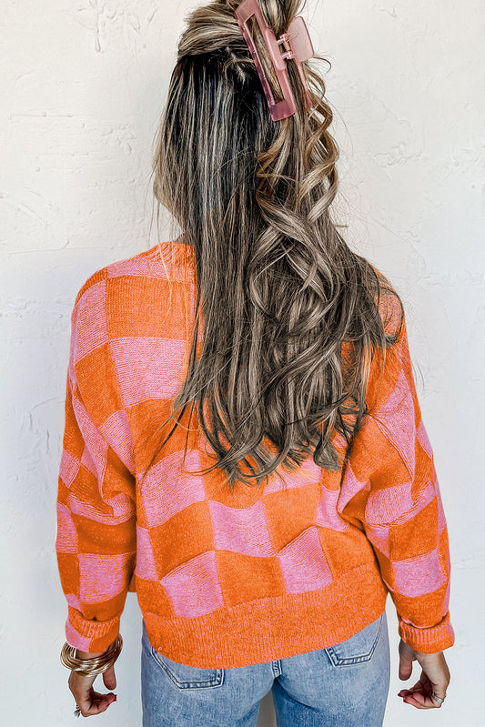 Orange Checkered Drop Shoulder Buttoned V Neck Cardigan Cardigans JT's Designer Fashion
