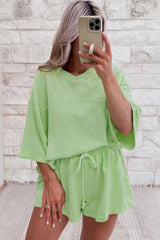 Meadow Mist Green Solid Loose V Neck Half Sleeve Tee and Shorts Short Sets JT's Designer Fashion