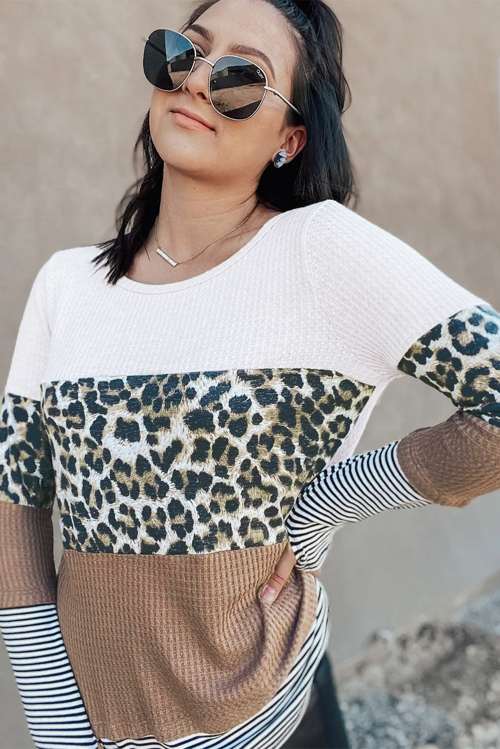 Brown Stripes Leopard Splicing Colorblock Long Sleeve Top Long Sleeve Tops JT's Designer Fashion