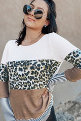 Brown Stripes Leopard Splicing Colorblock Long Sleeve Top Long Sleeve Tops JT's Designer Fashion