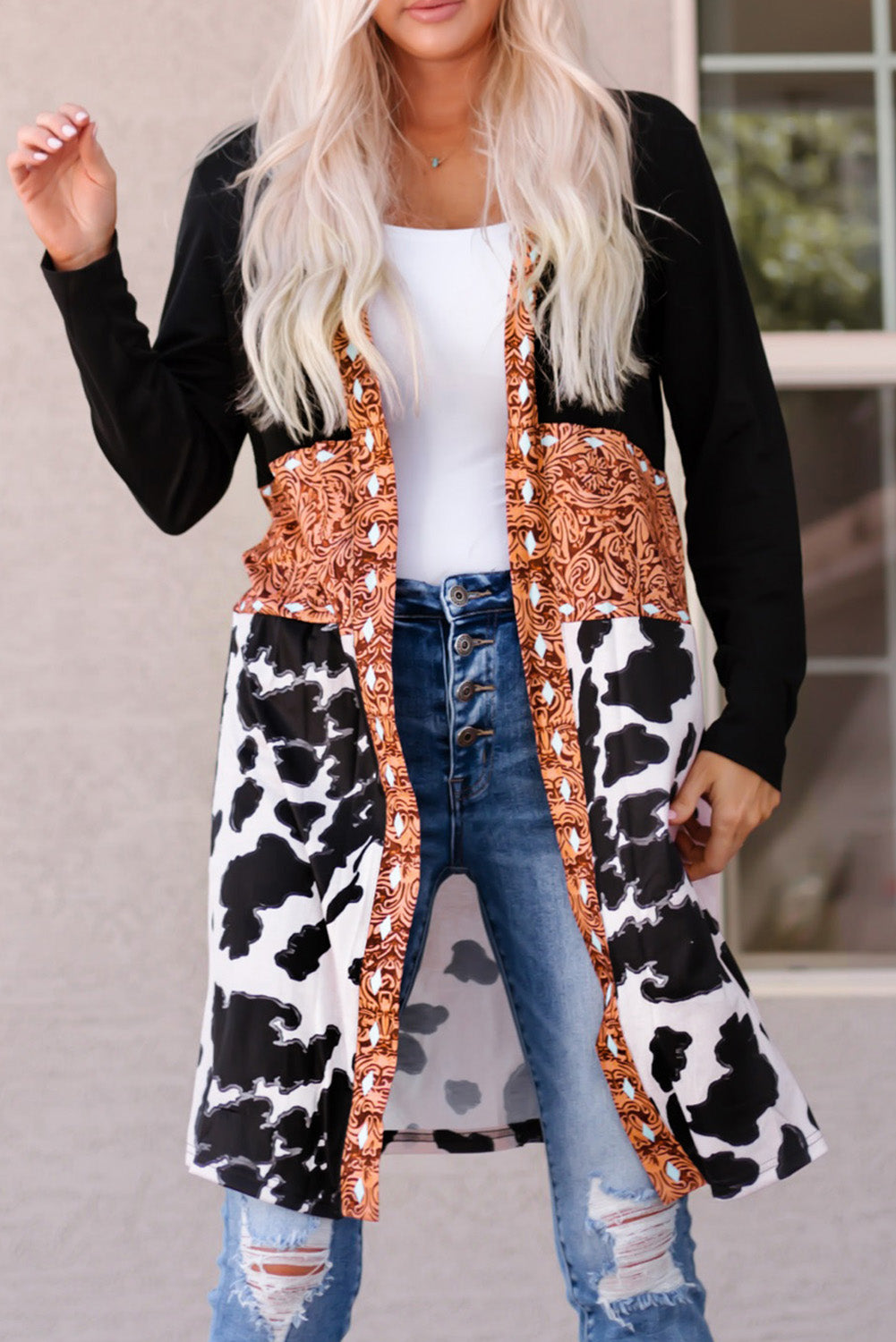 Black Western Pattern Cow Patchwork Open Front Cardigan Sweaters & Cardigans JT's Designer Fashion