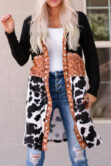 Black Western Pattern Cow Patchwork Open Front Cardigan Sweaters & Cardigans JT's Designer Fashion