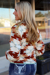Fiery Red Western Aztec Buttoned Zipper Pockets Fleece Jacket Jackets JT's Designer Fashion