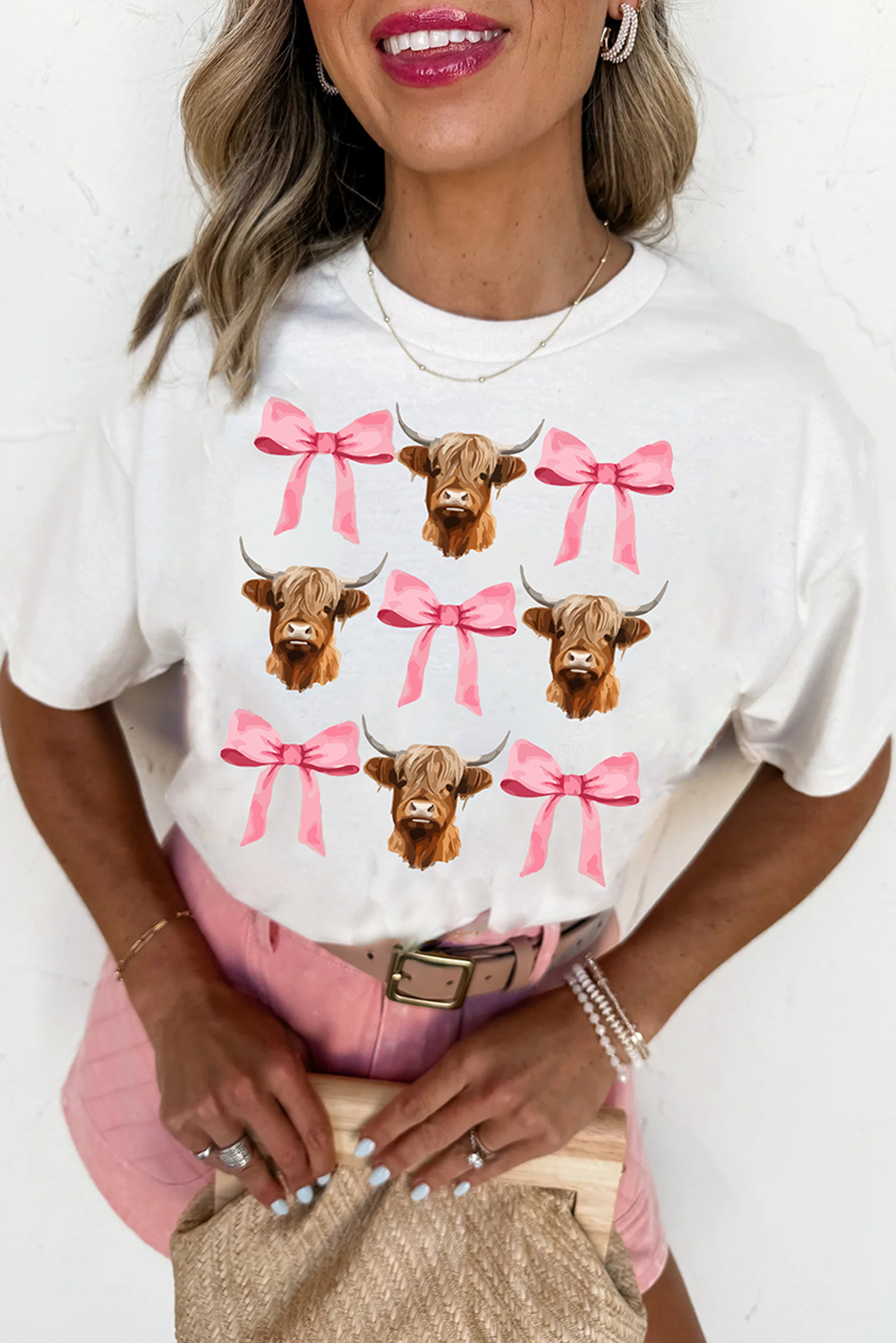 White Coquette Highland Cow Png Bows Graphic Tee Graphic Tees JT's Designer Fashion