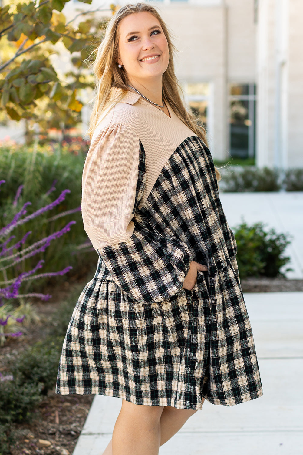 Black Plaid Waffle Knit Patchwork Collared V Neck Plus Size Mini Dress Plus Size Mini Dresses JT's Designer Fashion