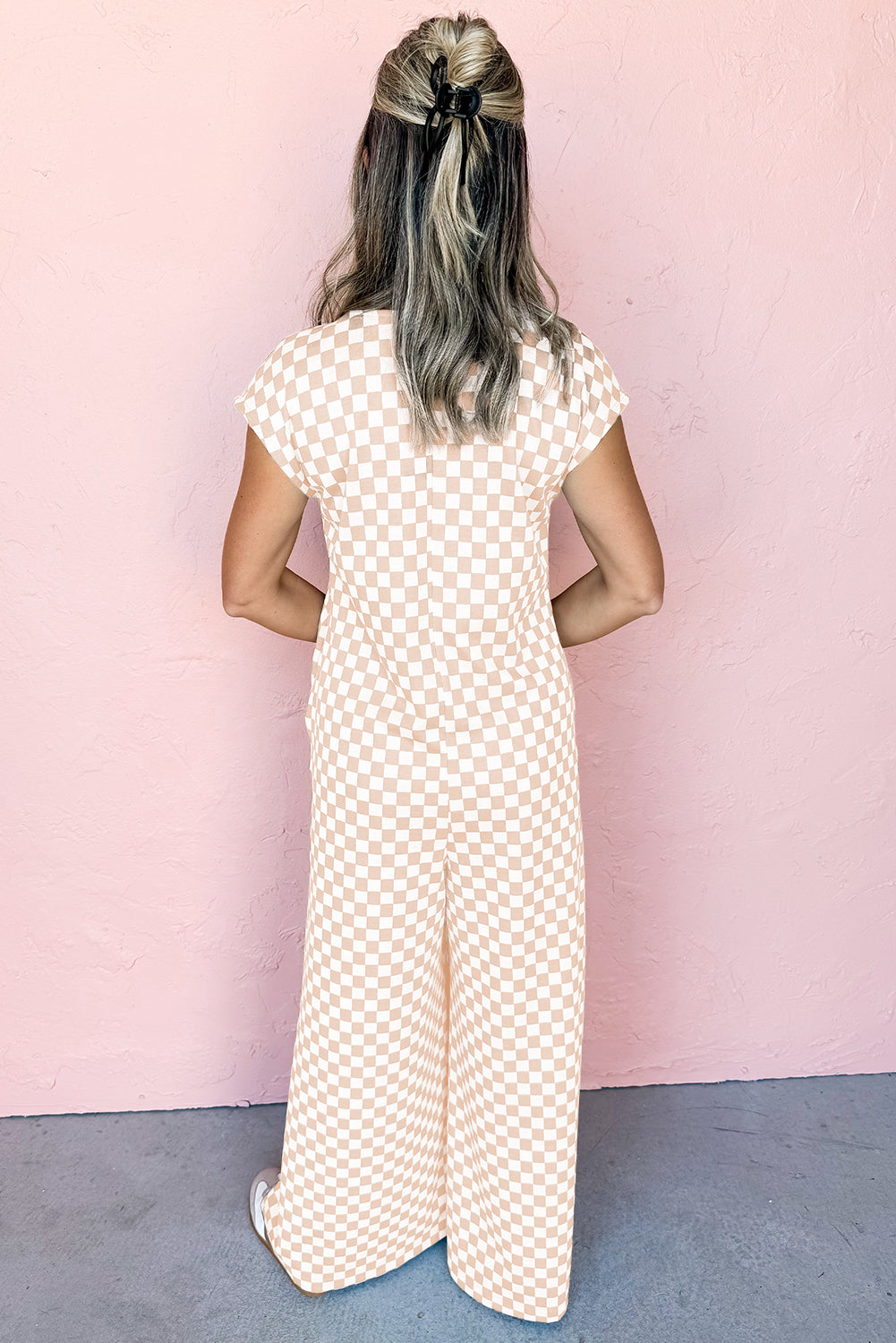 Apricot Checkered Print Buttoned Crew Neck Wide Leg Jumpsuit Jumpsuits & Rompers JT's Designer Fashion