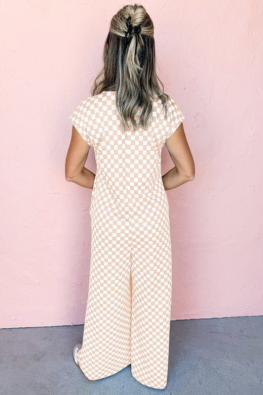 Apricot Checkered Print Buttoned Crew Neck Wide Leg Jumpsuit Jumpsuits & Rompers JT's Designer Fashion