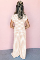 Apricot Checkered Print Buttoned Crew Neck Wide Leg Jumpsuit Jumpsuits & Rompers JT's Designer Fashion