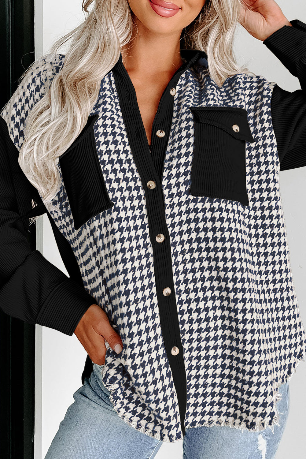 Black Houndstooth Corduroy Patchwork Flap Pocket Shacket Black 100%Polyester Jackets JT's Designer Fashion