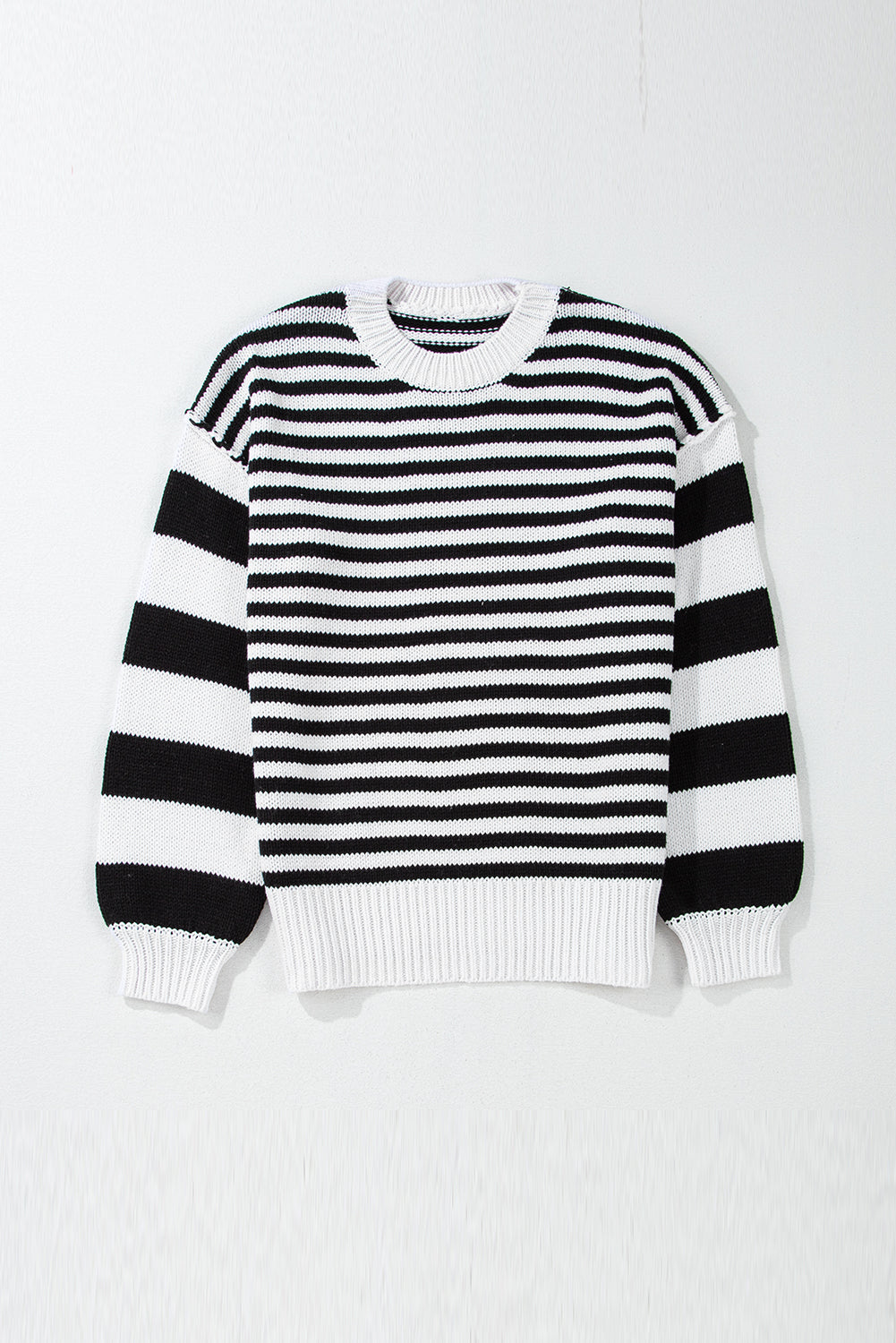 Black white Striped Drop Shoulder Bishop Sleeve Knit Sweater Sweaters JT's Designer Fashion