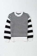 Black white Striped Drop Shoulder Bishop Sleeve Knit Sweater Sweaters JT's Designer Fashion