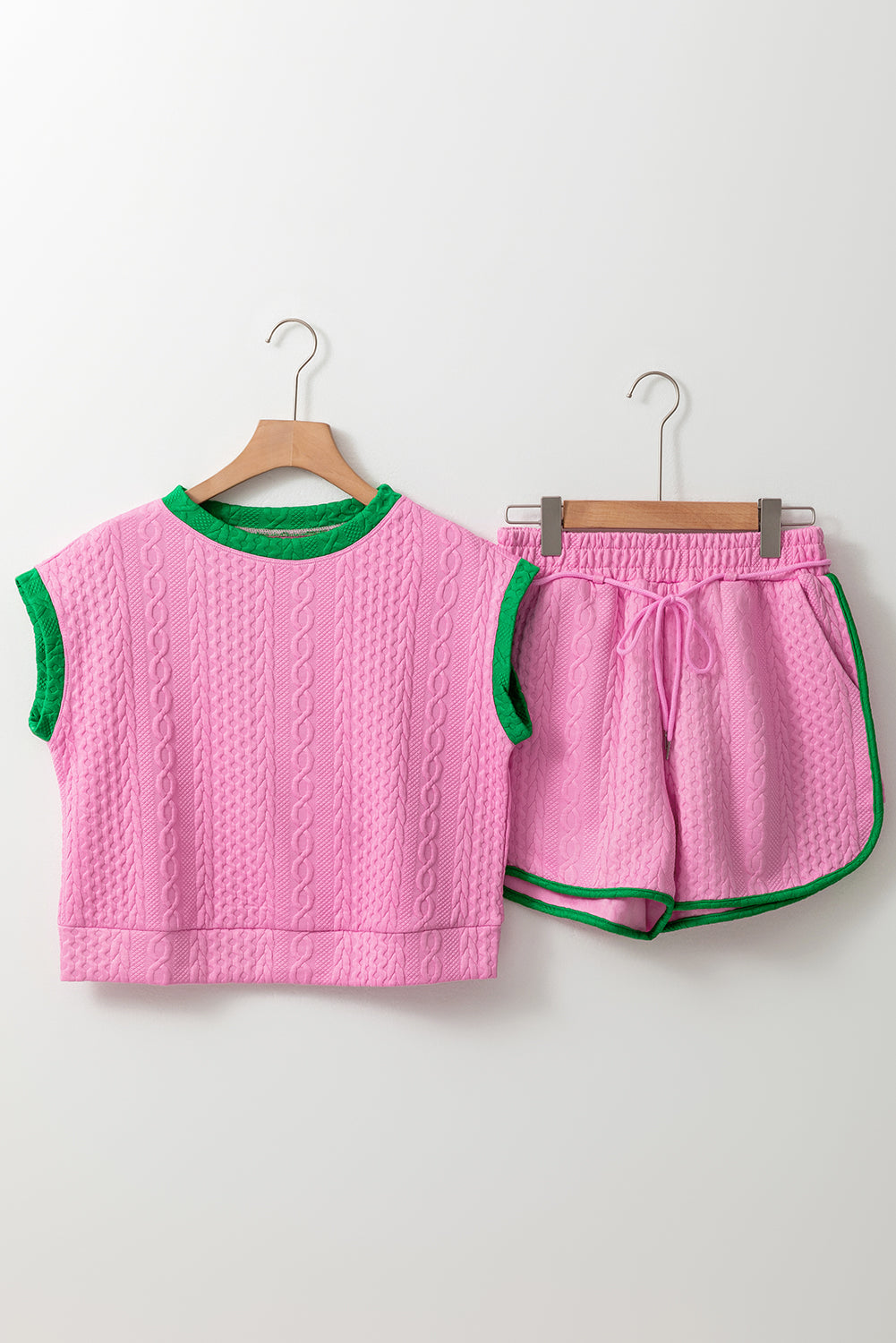 Pink Contrast Trim Cable Textured Shorts Set Short Sets JT's Designer Fashion