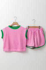 Pink Contrast Trim Cable Textured Shorts Set Short Sets JT's Designer Fashion