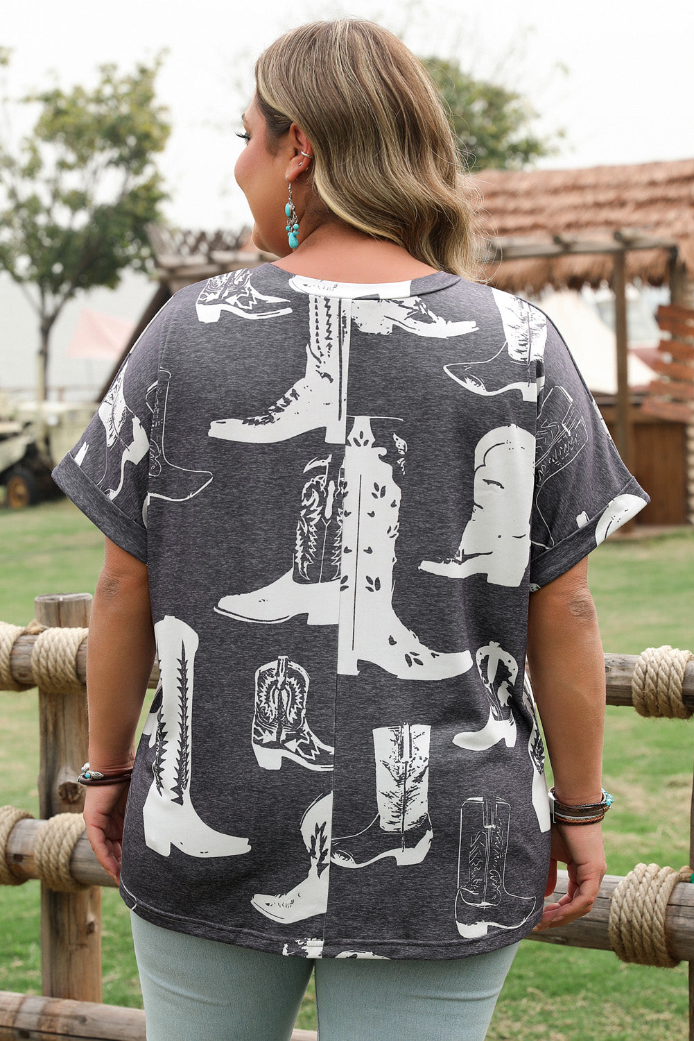Gray Plus Size Western Boots Print Crew Neck T Shirt Plus Size Tops & Tees JT's Designer Fashion