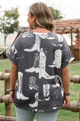 Gray Plus Size Western Boots Print Crew Neck T Shirt Plus Size Tops & Tees JT's Designer Fashion