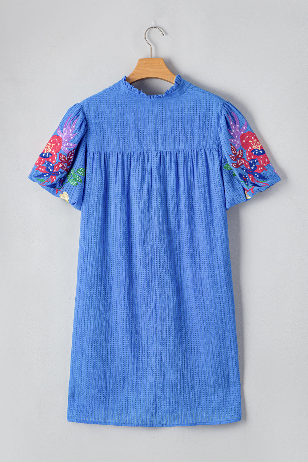 Sky Blue Plus Size Floral Embroidered Puff Sleeve Gingham Mini Dress Plus Size Mini Dresses JT's Designer Fashion