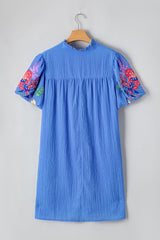 Sky Blue Plus Size Floral Embroidered Puff Sleeve Gingham Mini Dress Plus Size Mini Dresses JT's Designer Fashion