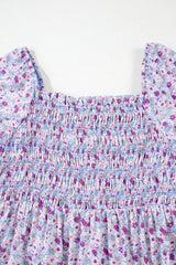 Purple Floral Short Bubble Sleeve Shirred High Waist Long Dress Maxi Dresses JT's Designer Fashion