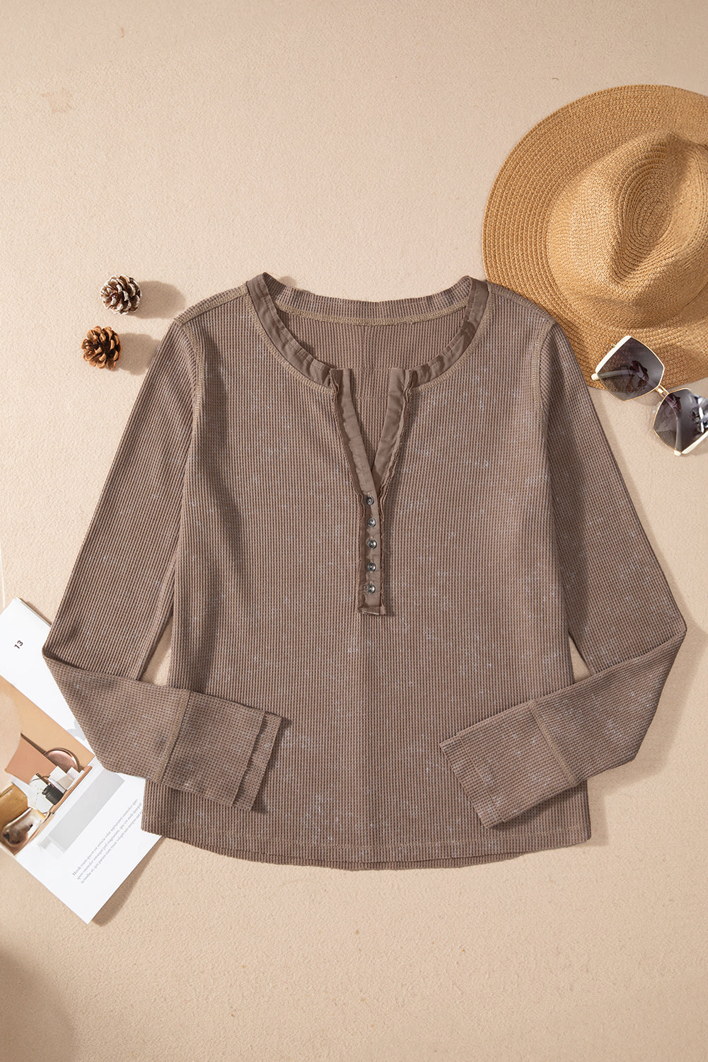 Coffee Acid Wash Waffle Knit Buttoned Neckline Long Sleeve Top Long Sleeve Tops JT's Designer Fashion