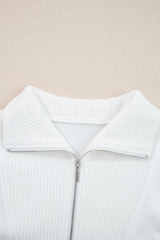 White Ribbed Collar Drop Shoulder Sweatshirt and Shorts Set Short Sets JT's Designer Fashion