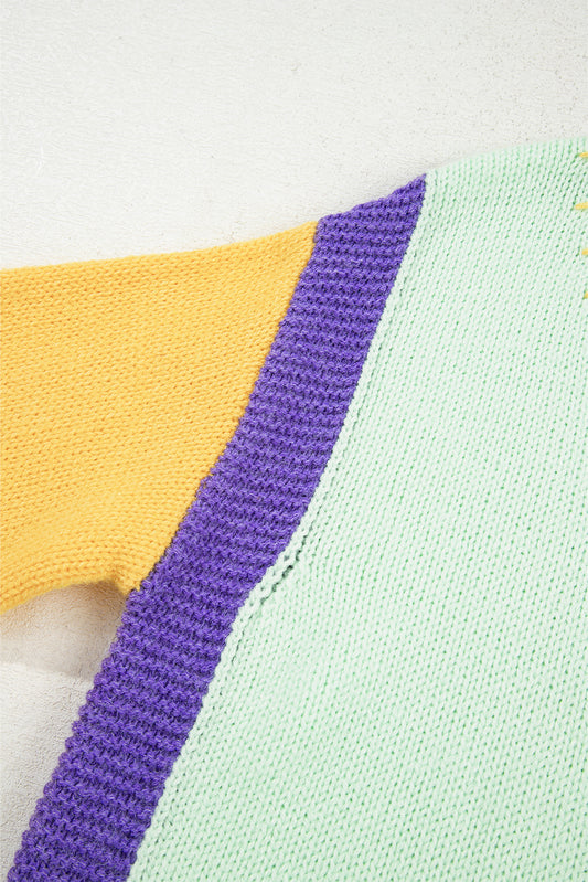 Green Stitched V Neck Color Block Knitted Drop Shoulder Sweater Sweaters JT's Designer Fashion