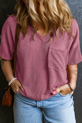Rose Pink V Neck Patch Pocket Plus Size Corded T Shirt Plus Size JT's Designer Fashion