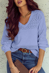 Sky Blue Eyelet Pattern Detail V Neck Drop Shoulder Sweater Sweaters JT's Designer Fashion