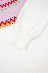 White Ethnic Geometric Colorblock Print Drop Shoulder Sweater Sweaters JT's Designer Fashion