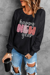 Black Glistening Happy New Year Graphic Sweatshirt Graphic Sweatshirts JT's Designer Fashion