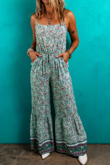 Green Bohemian Floral Ruffle Bottom Spaghetti Strap Jumpsuit Jumpsuits & Rompers JT's Designer Fashion