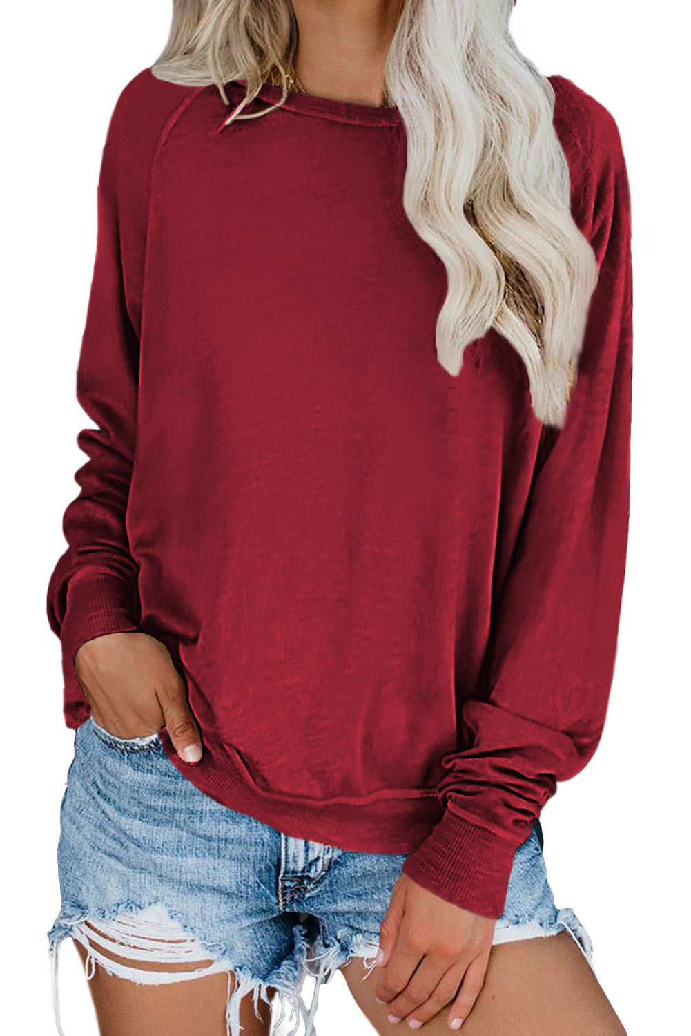Wine Fiery Red Solid Crew Neck Pullover Sweatshirt Sweatshirts & Hoodies JT's Designer Fashion