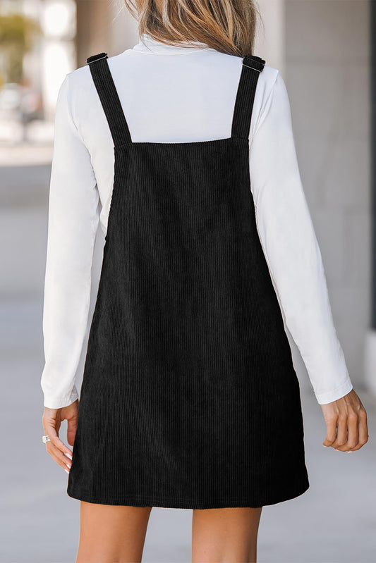 Black Solid Front Pockets Sleeveless Corduroy Overall Dress Mini Dresses JT's Designer Fashion