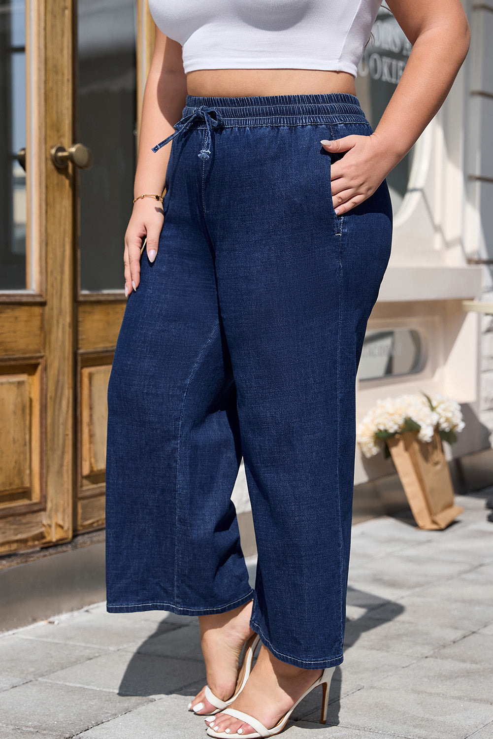 Real Teal Plus Size Drawstring High Waist Wide Leg Casual Jeans Plus Size Bottoms JT's Designer Fashion