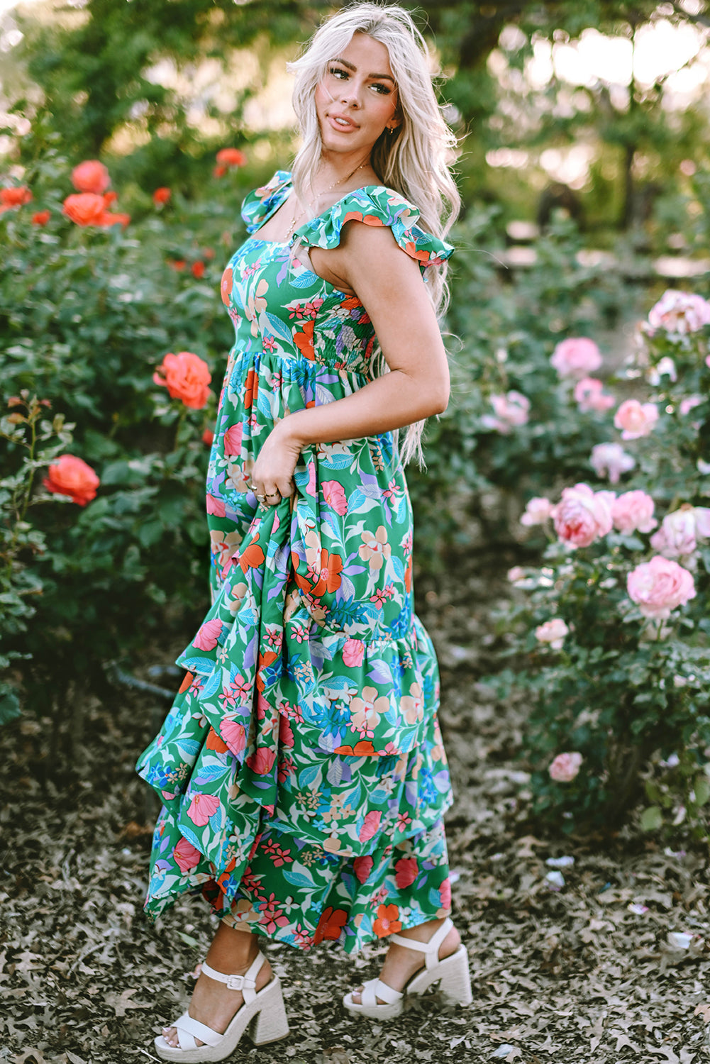 Green Floral Print Sleeveless Ruffle Tiered Maxi Dress Floral Dresses JT's Designer Fashion