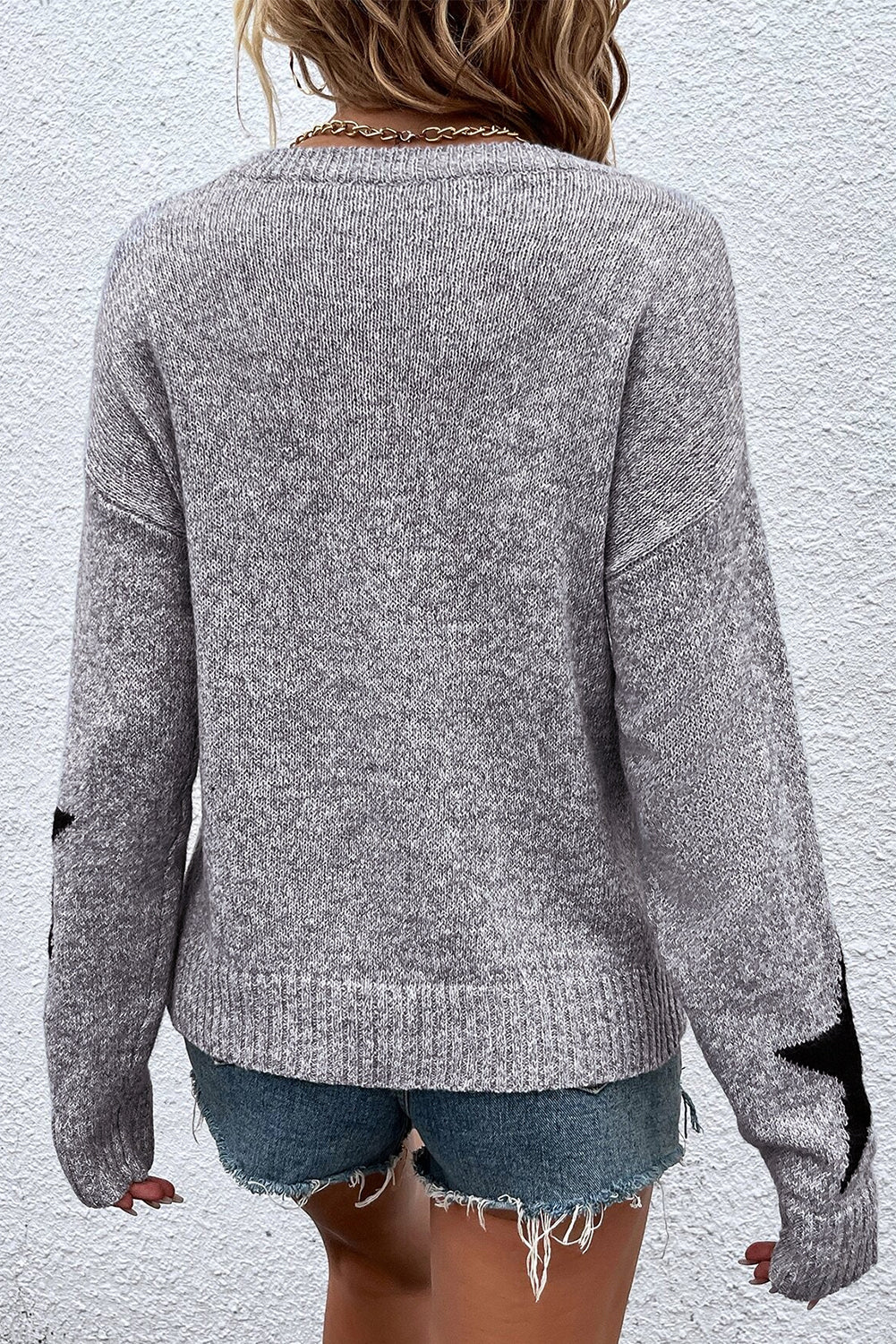 Gray Star Pattern Drop Shoulder Sweater Sweaters JT's Designer Fashion