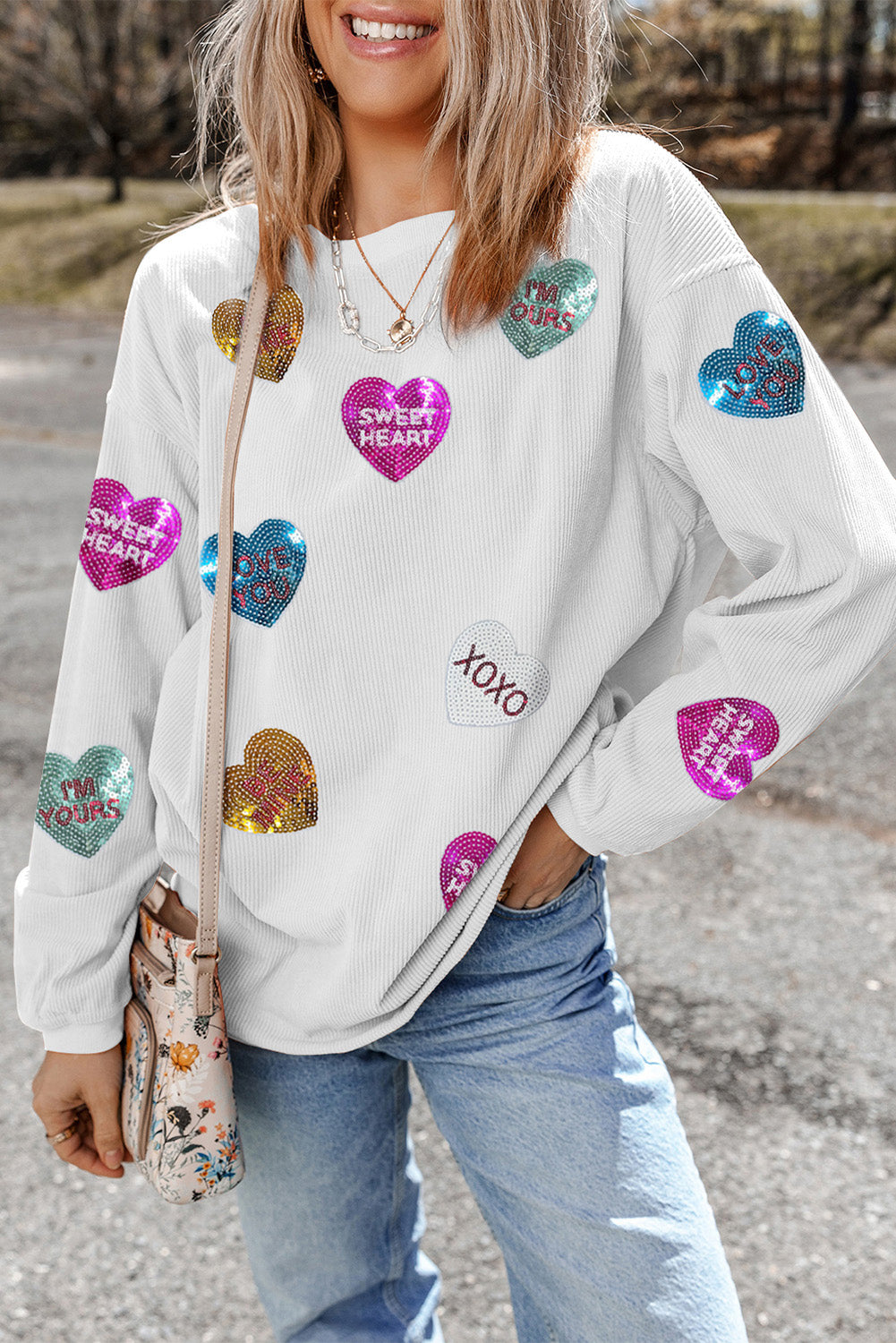 White Valentines Slogan Heart Sequin Corded Baggy Sweatshirt Graphic Sweatshirts JT's Designer Fashion