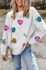 White Valentines Slogan Heart Sequin Corded Baggy Sweatshirt Graphic Sweatshirts JT's Designer Fashion