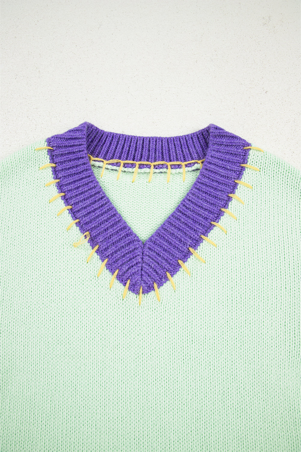 Green Stitched V Neck Color Block Knitted Drop Shoulder Sweater Sweaters JT's Designer Fashion