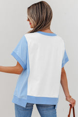 Sky Blue Patriotic Star Patched Colorblock T Shirt Graphic Tees JT's Designer Fashion