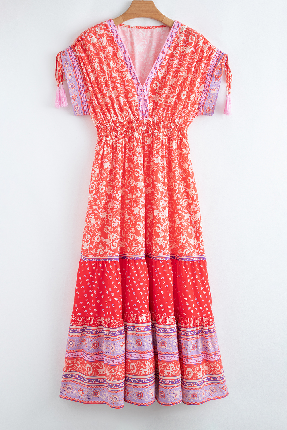 Red Floral Print Tasseled Tied Sleeve Empire Waist Maxi Dress Floral Dresses JT's Designer Fashion