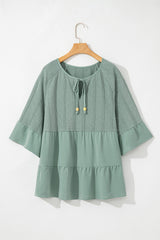 Laurel Green Tie Split Neck Textured Ruffle Patchwork Blouse Blouses & Shirts JT's Designer Fashion