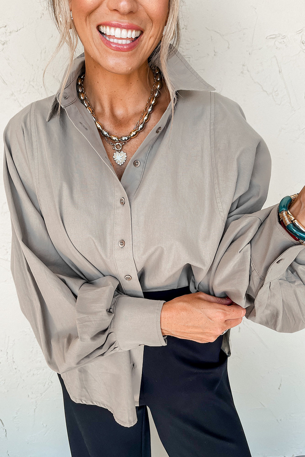 High Solid Color Balloon Sleeve Side Slits Loose Fit Shirt High-rise 100%Cotton Blouses & Shirts JT's Designer Fashion