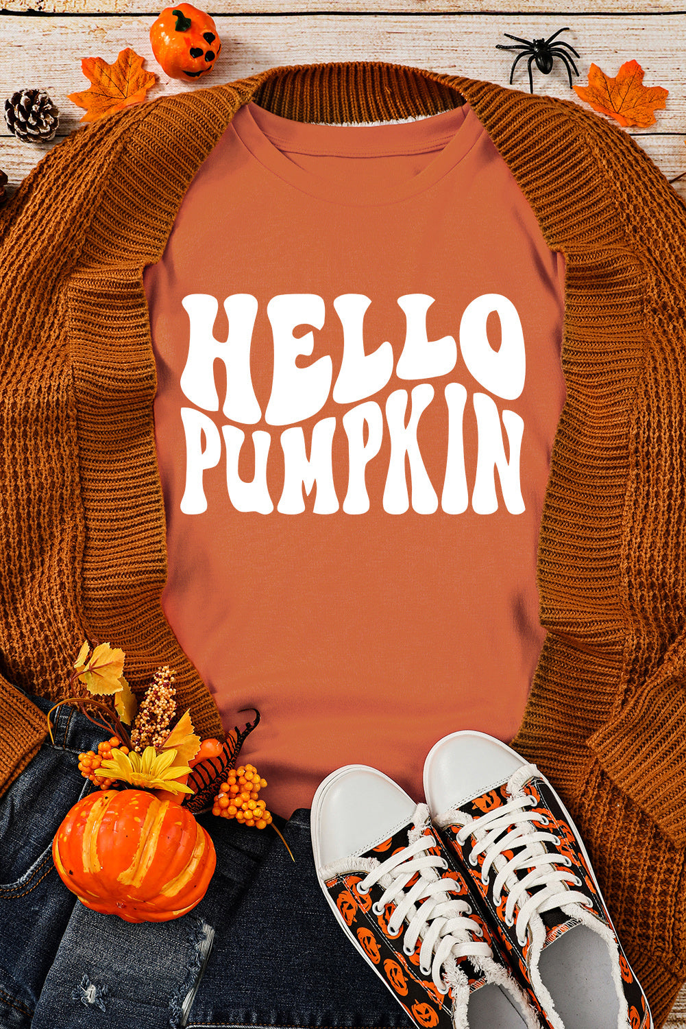 Orange Hello Pumpkin Graphic Drop Shoulder Halloween Sweatshirt Graphic Sweatshirts JT's Designer Fashion