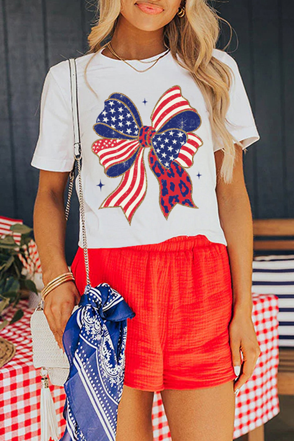 White Stars and Stripes Bow Print 4th of July T Shirt Graphic Tees JT's Designer Fashion