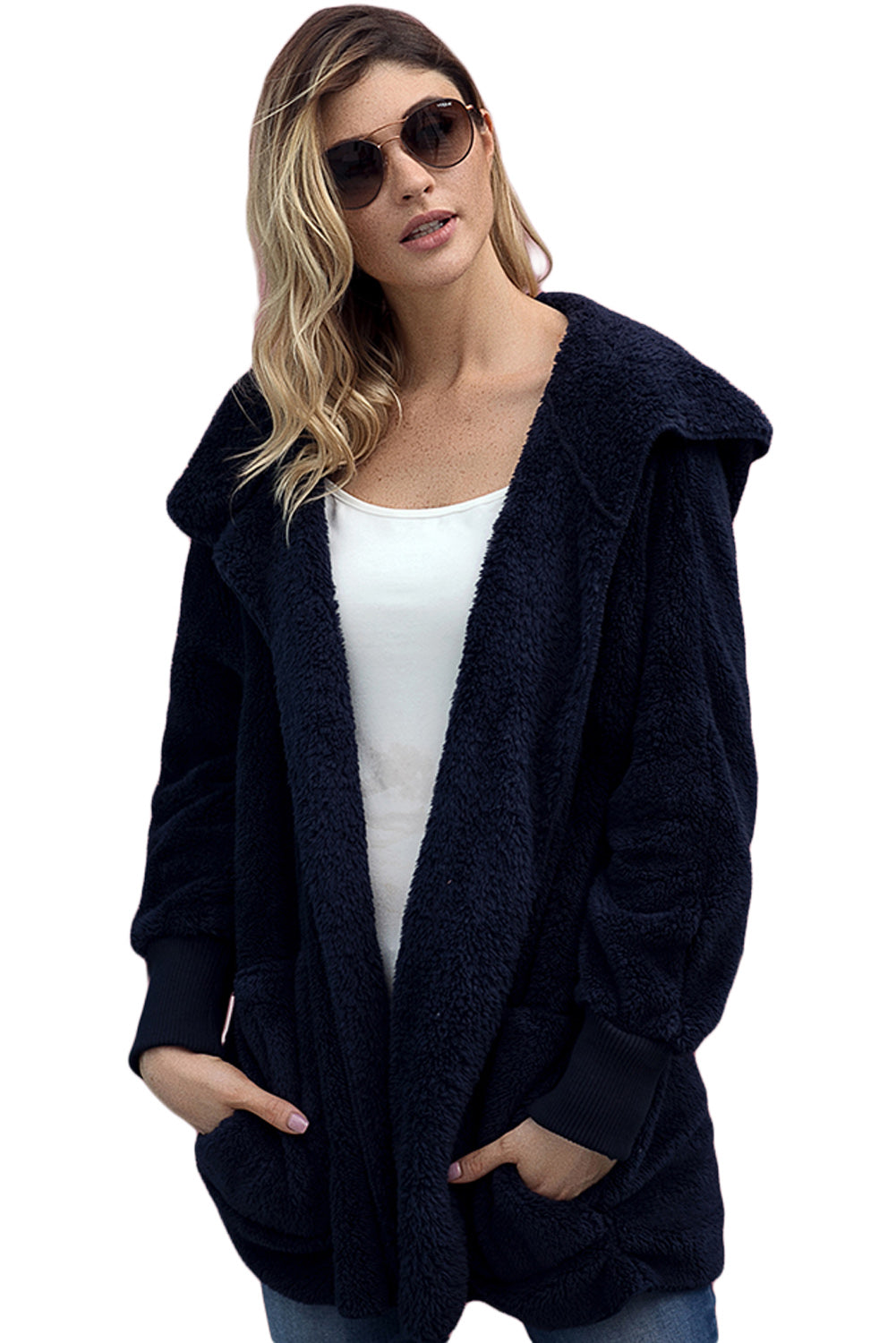 Blue Pink Soft Fleece Hooded Open Front Jacket Jackets JT's Designer Fashion